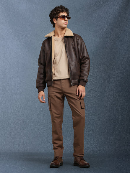Men Regular Fit Brown Crack Leather look Full Sleeve Jacket