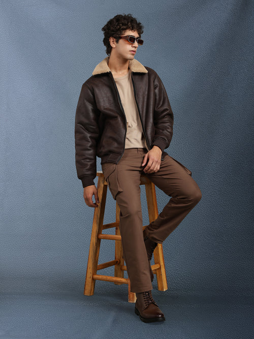 Men Regular Fit Brown Crack Leather look Full Sleeve Jacket