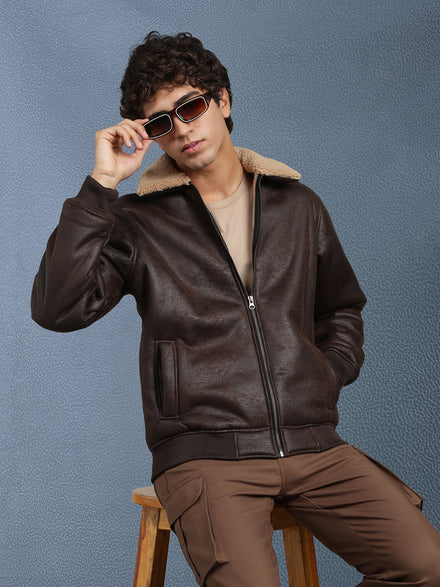 Men Regular Fit Brown Crack Leather look Full Sleeve Jacket