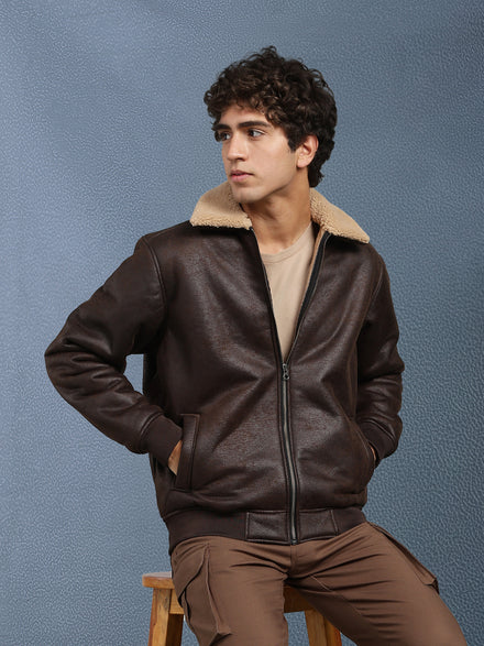 Men Regular Fit Brown Crack Leather look Full Sleeve Jacket