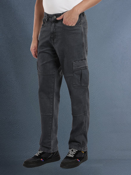 Voltedge Men Premium High Stretch Relaxed Fit Dark Grey Cargo Denim Jeans