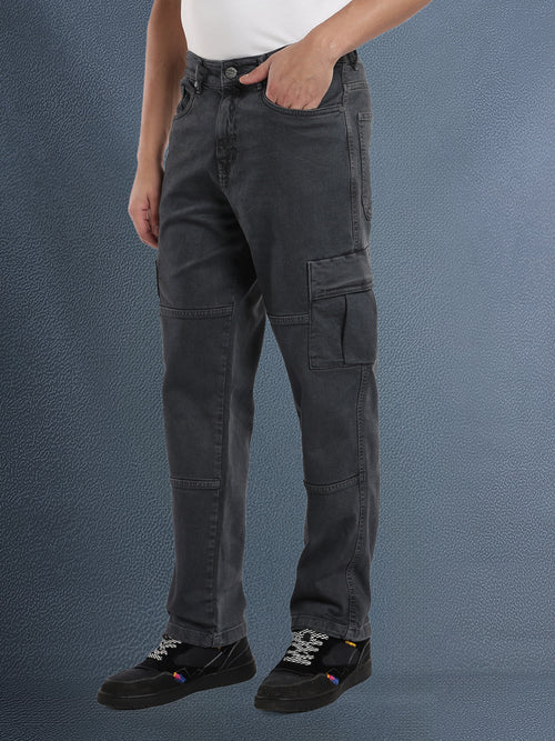 Voltedge Men Premium High Stretch Straight Fit Dark Grey Cargo Denim Jeans
