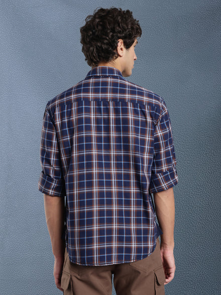 Men Relax fit Navy Brown Checked Campus Casual Shirt