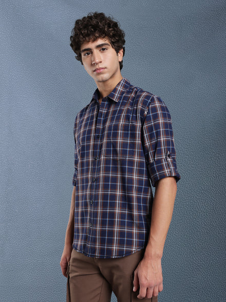 Men Relax fit Navy Brown Checked Campus Casual Shirt