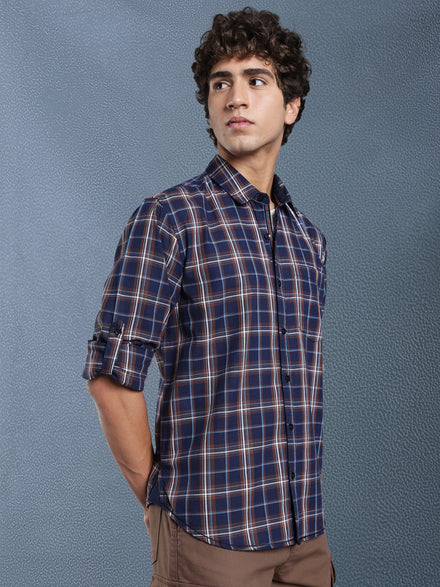 Men Relax fit Navy Brown Checked Campus Casual Shirt