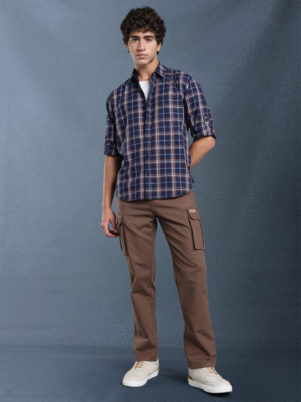 Men Relax fit Navy Brown Checked Campus Casual Shirt