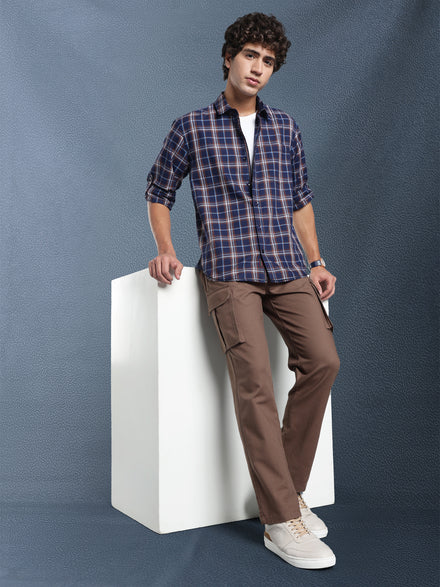 Men Relax fit Navy Brown Checked Campus Casual Shirt