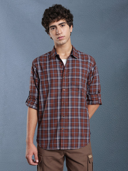 Men Relax fit Brown Checked Campus Casual Shirt