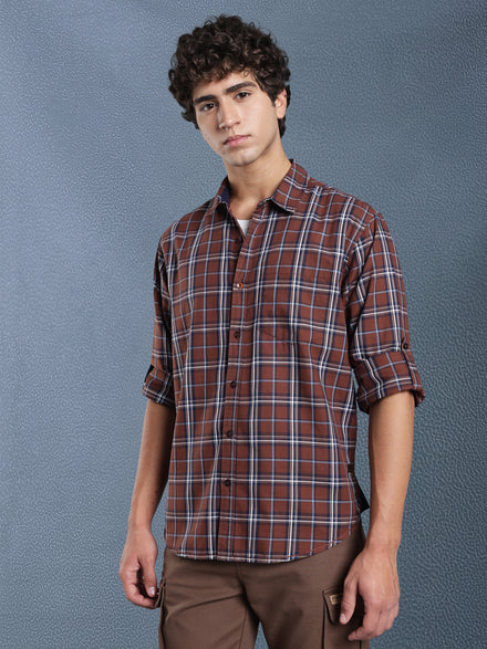 Men Relax fit Brown Checked Campus Casual Shirt