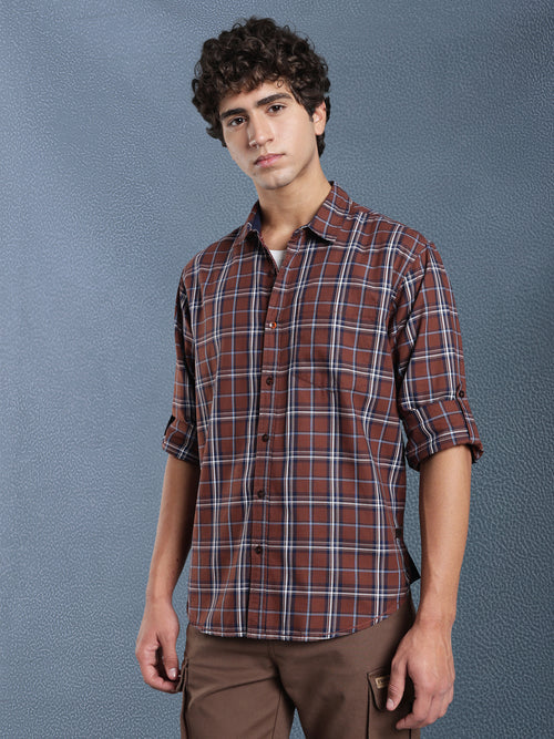Men Relax fit Brown Checked Campus Casual Shirt