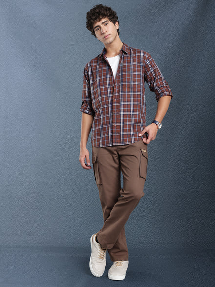 Men Relax fit Brown Checked Campus Casual Shirt