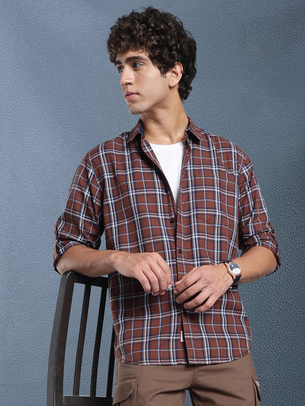 Men Relax fit Brown Checked Campus Casual Shirt