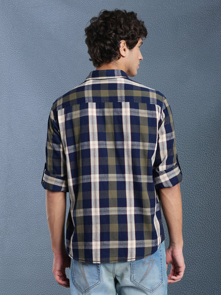 Men Relax fit Ecru Navy Courdroy Checked Casual Shirt