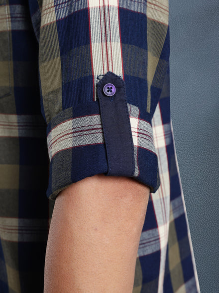 Men Relax fit Ecru Navy Courdroy Checked Casual Shirt