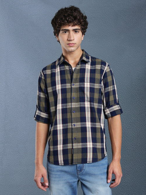 Men Relax fit Ecru Navy Courdroy Checked Casual Shirt
