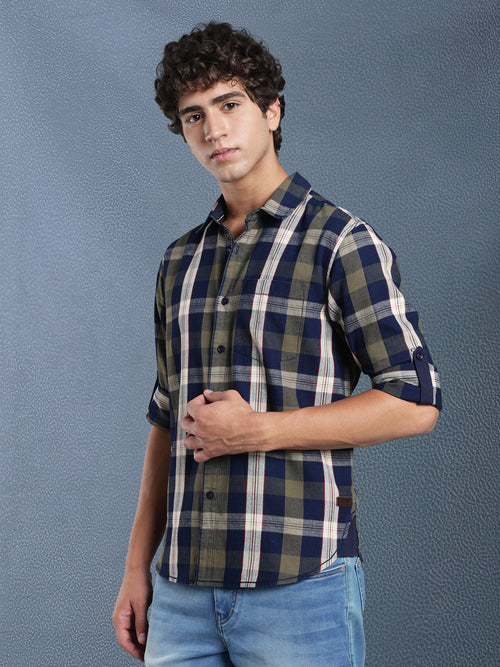 Men Relax fit Ecru Navy Courdroy Checked Casual Shirt