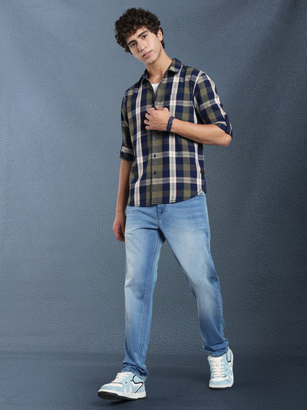 Men Relax fit Ecru Navy Courdroy Checked Casual Shirt