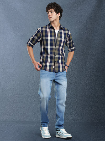 Men Relax fit Ecru Navy Courdroy Checked Casual Shirt