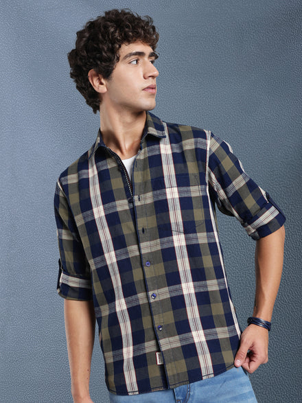 Men Relax fit Ecru Navy Courdroy Checked Casual Shirt