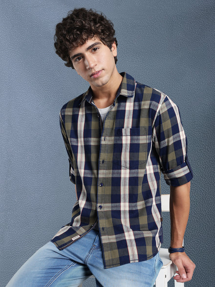 Men Relax fit Ecru Navy Courdroy Checked Casual Shirt