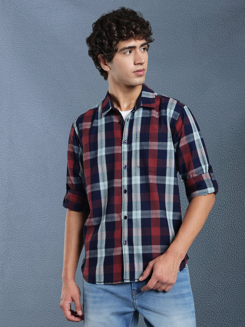 Men Relax fit Maroon Navy Courdroy Checked Casual Shirt