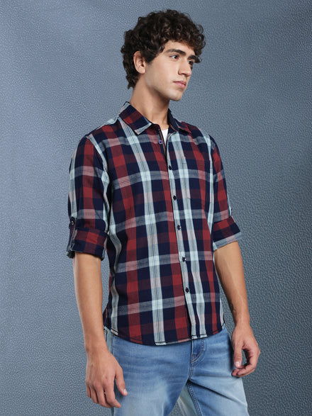 Men Relax fit Maroon Navy Courdroy Checked Casual Shirt