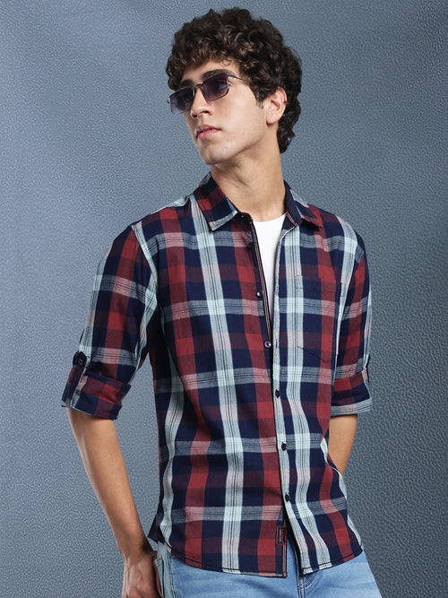 Men Relax fit Maroon Navy Courdroy Checked Casual Shirt