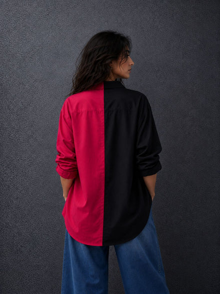 Women Oversize Fusion Black Pink Cotton Casual shirt