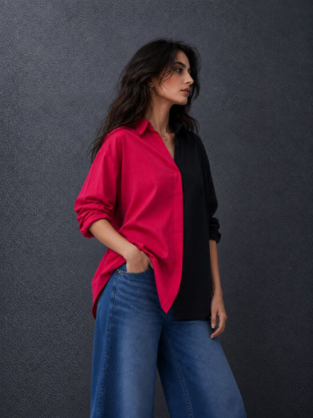 Women Oversize Fusion Black Pink Cotton Casual shirt
