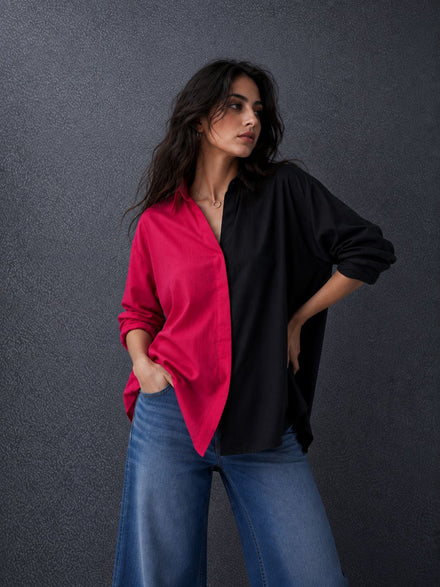 Women Oversize Fusion Black Pink Cotton Casual shirt