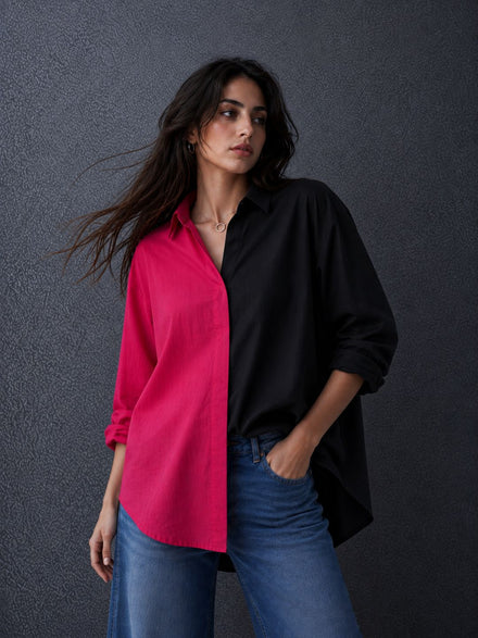 Women Oversize Fusion Black Pink Cotton Casual shirt