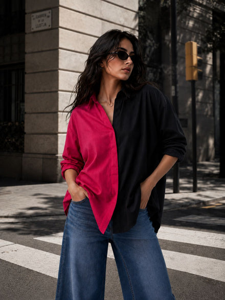 Women Oversize Fusion Black Pink Cotton Casual shirt