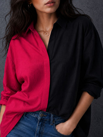 Women Oversize Fusion Black Pink Cotton Casual shirt