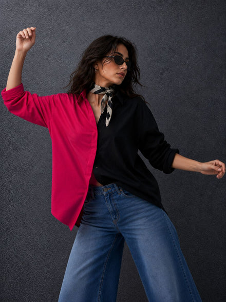 Women Oversize Fusion Black Pink Cotton Casual shirt
