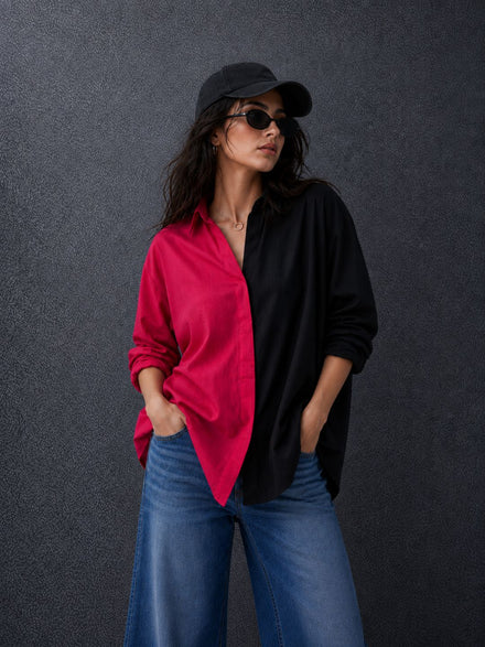 Women Oversize Fusion Black Pink Cotton Casual shirt