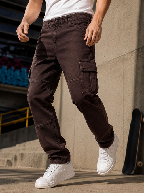 Voltedge Men Premium High Stretch Straight Fit Choco Brown Cargo Denim Jeans