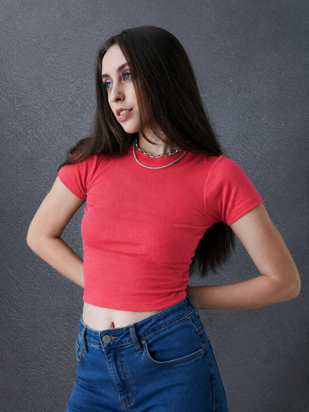 Women Premium Cotton Ribbed Slim Fit Pink Crop Top