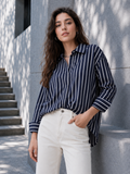 Voltedge Cotton Blue Stripe Long Sleeve Women Casual Shirt