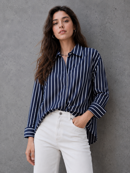 Voltedge Cotton Blue Stripe Long Sleeve Women Casual Shirt