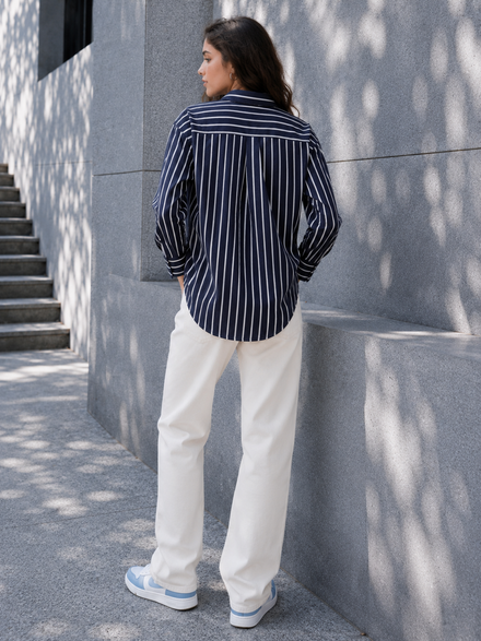Voltedge Cotton Blue Stripe Long Sleeve Women Casual Shirt