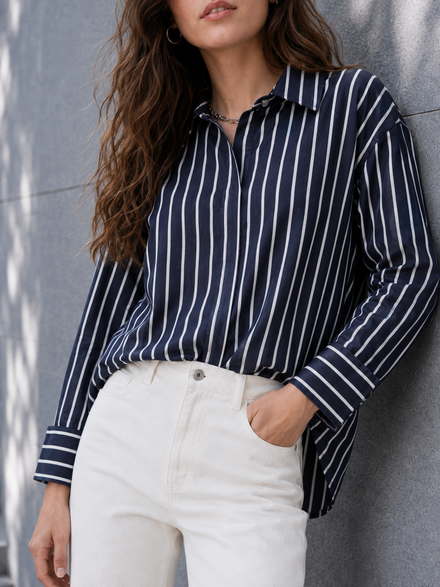 Voltedge Cotton Blue Stripe Long Sleeve Women Casual Shirt