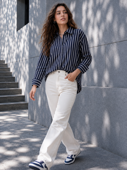 Voltedge Cotton Blue Stripe Long Sleeve Women Casual Shirt