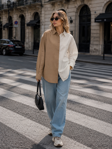 Women Oversize Fusion Beige White Cotton Casual shirt
