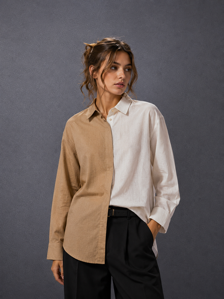 Women Oversize Fusion Beige White Cotton Casual shirt