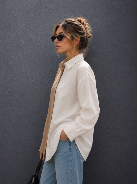Women Oversize Fusion Beige White Cotton Casual shirt