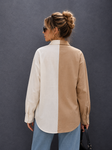 Women Oversize Fusion Beige White Cotton Casual shirt