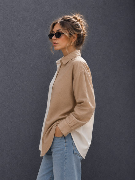 Women Oversize Fusion Beige White Cotton Casual shirt