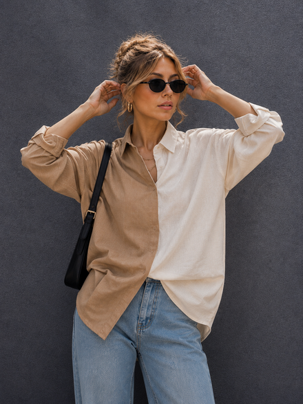 Women Oversize Fusion Beige White Cotton Casual shirt