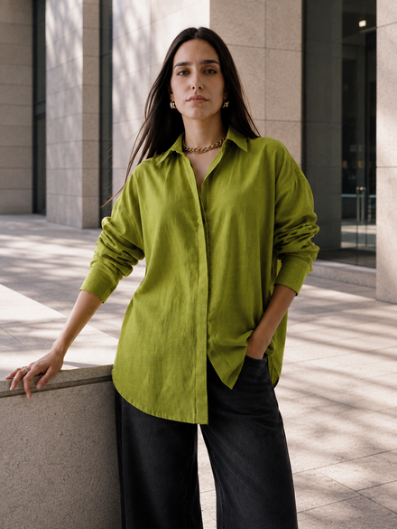 Women Oversize Pista Green Cotton Casual shirt
