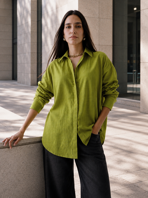 Women Oversize Pista Green Cotton Casual shirt